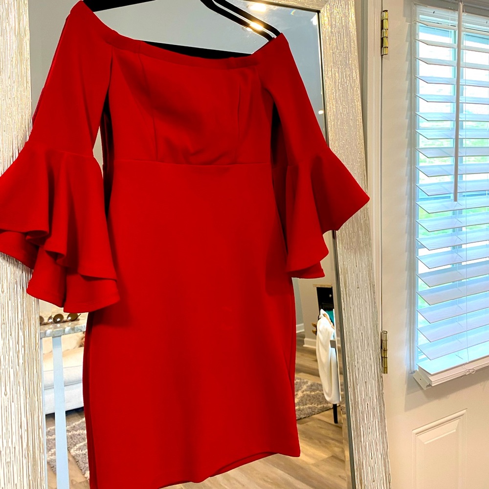 Red off shoulder bell sleeve dress